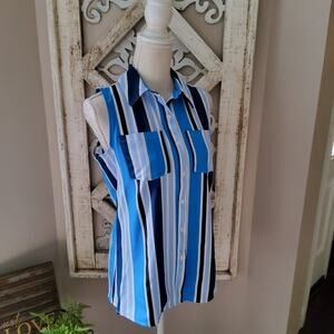 Notations Women's M Sleeveless Collar Button Down Pocket Blouse Tank Top Stripe